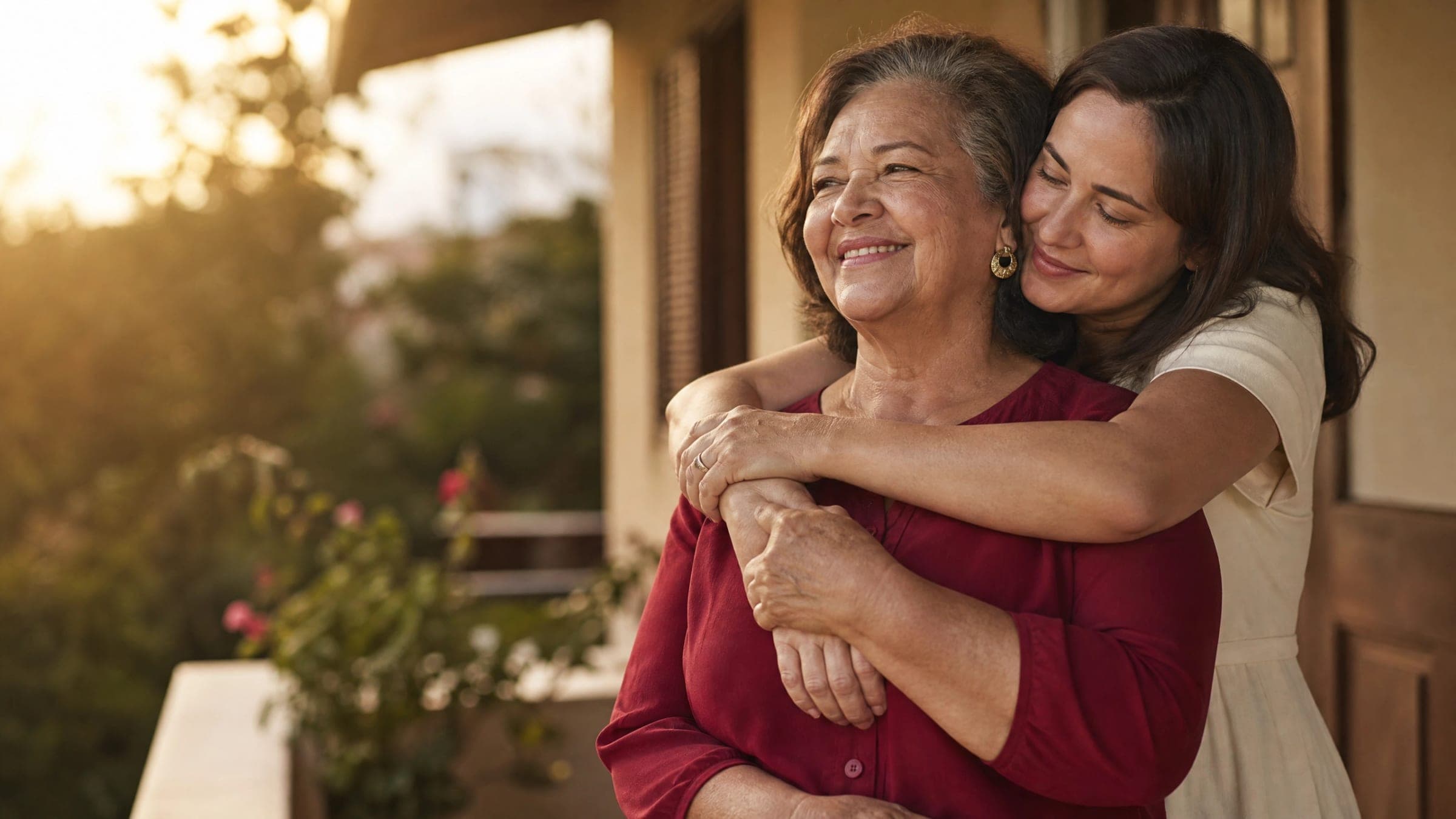 Mãe e filha abraçadas ao entardecer — histórias protegidas